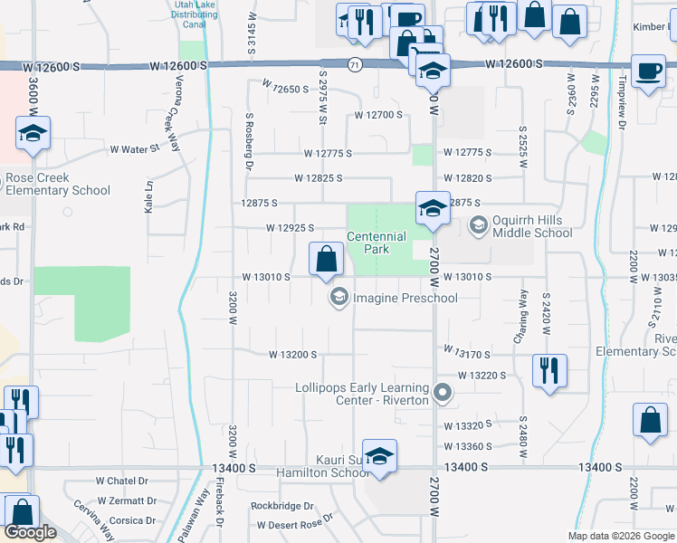 map of restaurants, bars, coffee shops, grocery stores, and more near 2966 13010 South in Riverton