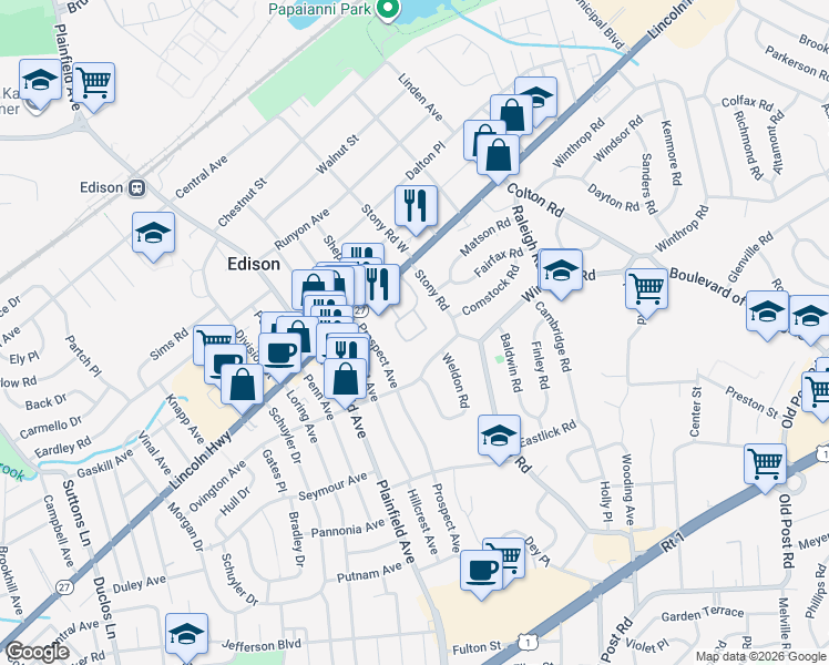 map of restaurants, bars, coffee shops, grocery stores, and more near 903 Woodhaven Drive in Edison