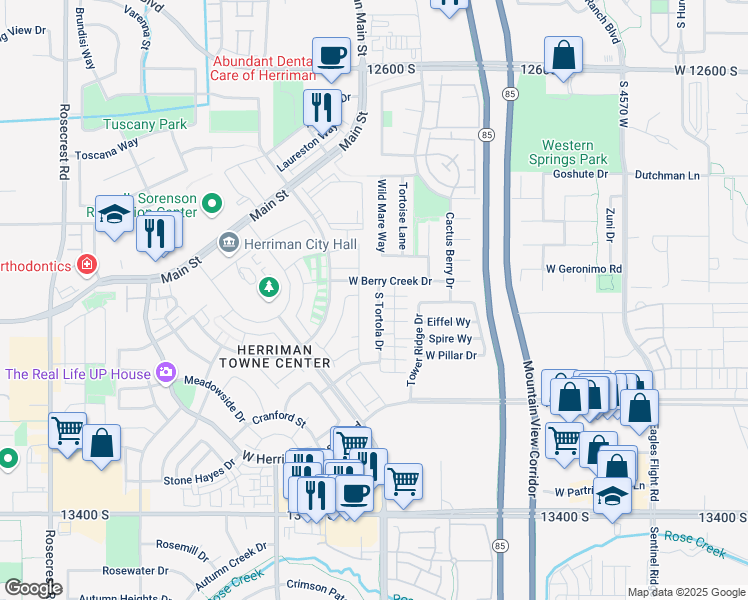 map of restaurants, bars, coffee shops, grocery stores, and more near 13032 South Tortola Drive in Herriman