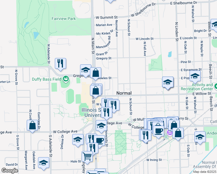 map of restaurants, bars, coffee shops, grocery stores, and more near 11 North University Street in Normal