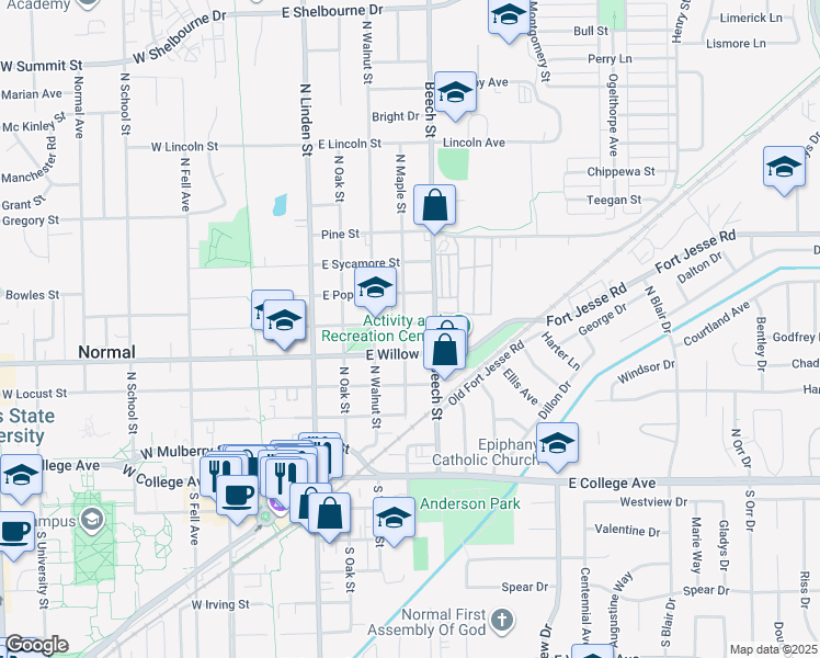 map of restaurants, bars, coffee shops, grocery stores, and more near 508 North Maple Street in Normal