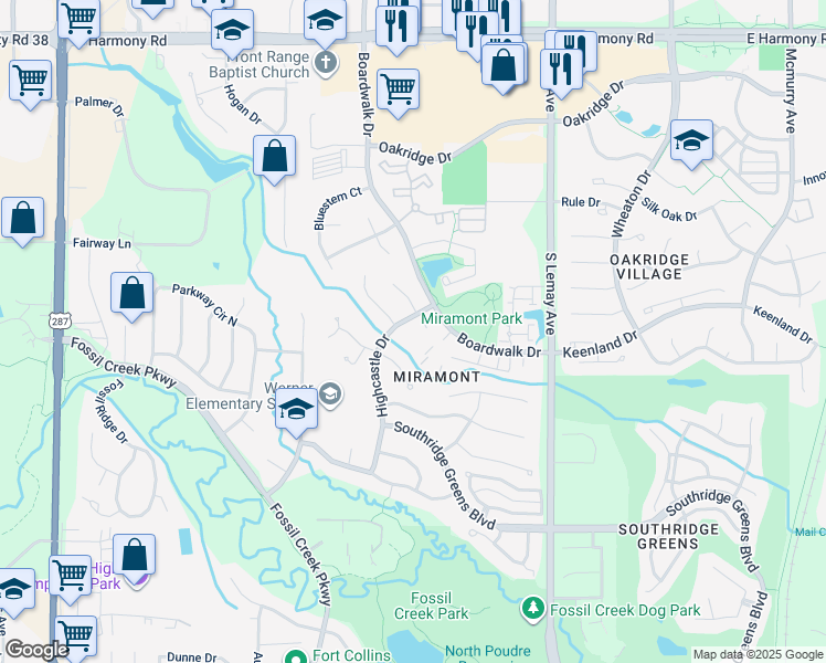 map of restaurants, bars, coffee shops, grocery stores, and more near 5151 East Boardwalk Drive in Fort Collins