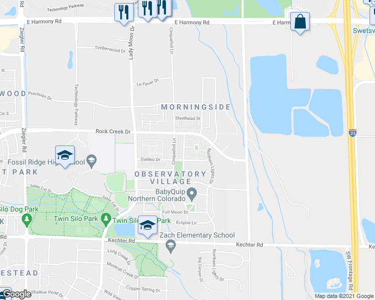 map of restaurants, bars, coffee shops, grocery stores, and more near 3803 Sky Gazer Lane in Fort Collins