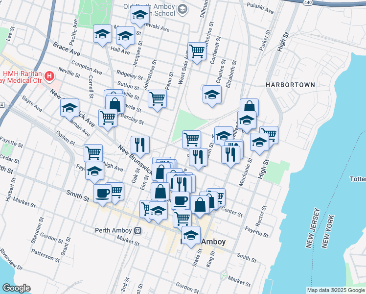 map of restaurants, bars, coffee shops, grocery stores, and more near 220 Washington Street in Perth Amboy