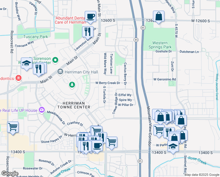 map of restaurants, bars, coffee shops, grocery stores, and more near 4967 West Ticoa Lane in Herriman
