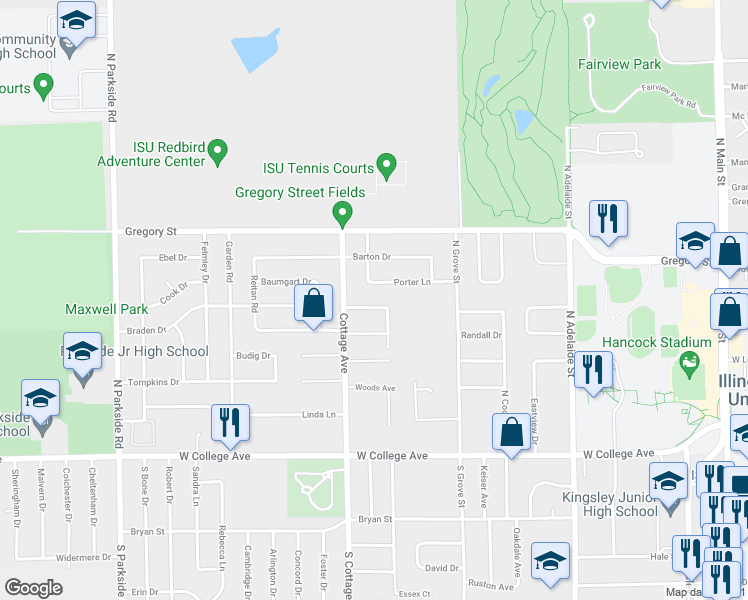 map of restaurants, bars, coffee shops, grocery stores, and more near 1504 Hancock Drive in Normal