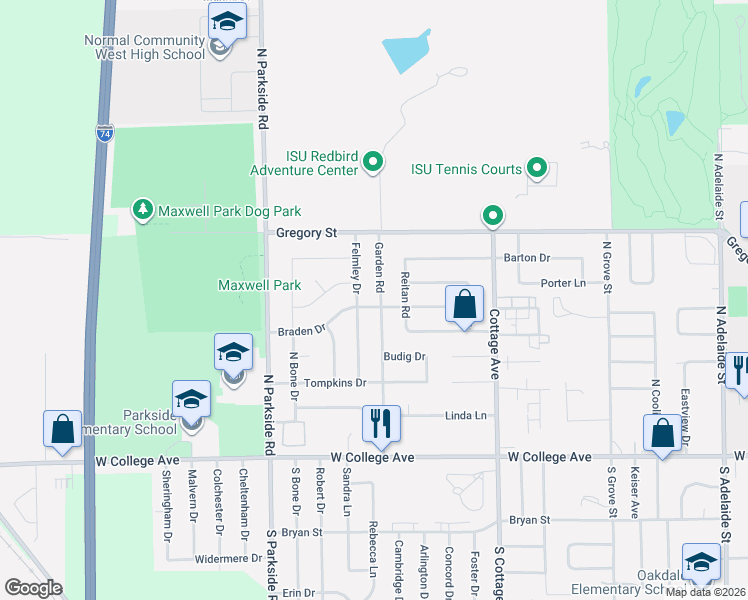 map of restaurants, bars, coffee shops, grocery stores, and more near 300 Garden Road in Normal