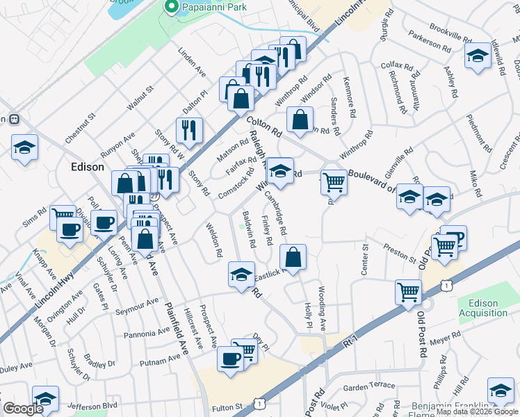 map of restaurants, bars, coffee shops, grocery stores, and more near 8 Finley Road in Edison