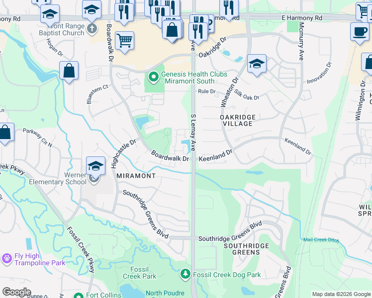 map of restaurants, bars, coffee shops, grocery stores, and more near 1112 Spanish Oak Court in Fort Collins