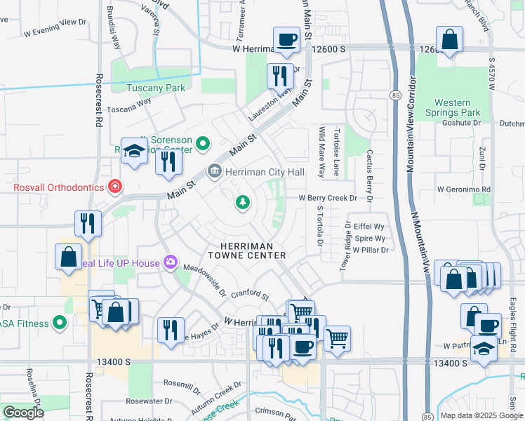 map of restaurants, bars, coffee shops, grocery stores, and more near 13057 Keegan Drive in Herriman