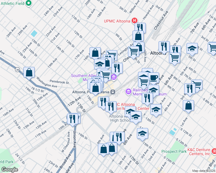 map of restaurants, bars, coffee shops, grocery stores, and more near 1231 11th Avenue in Altoona