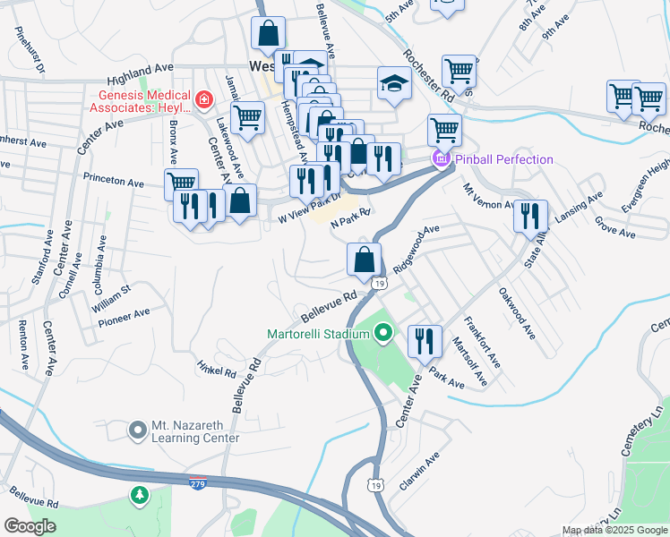 map of restaurants, bars, coffee shops, grocery stores, and more near 69 North Park Road in Pittsburgh