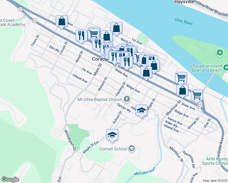 map of restaurants, bars, coffee shops, grocery stores, and more near 1033 Hiland Avenue in Coraopolis