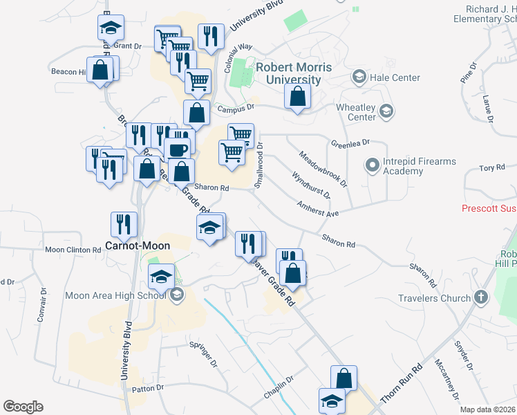 map of restaurants, bars, coffee shops, grocery stores, and more near 404-404B Sharon Road in Coraopolis