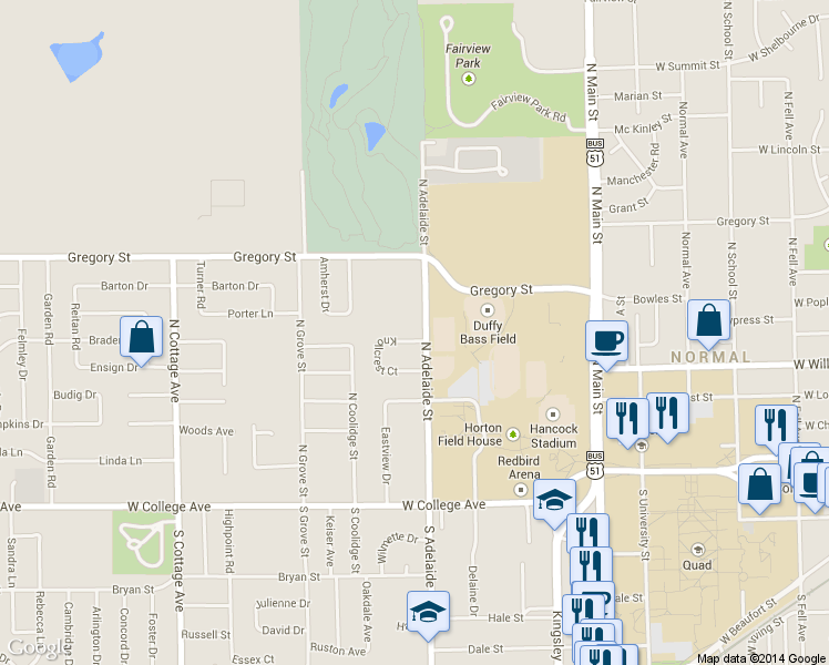 map of restaurants, bars, coffee shops, grocery stores, and more near 31 Knollcrest Court in Normal