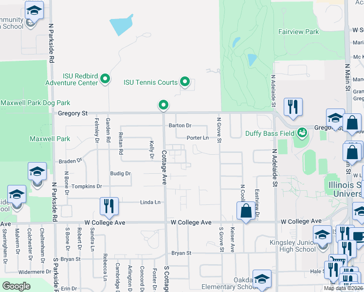 map of restaurants, bars, coffee shops, grocery stores, and more near 1504 Hancock Drive in Normal