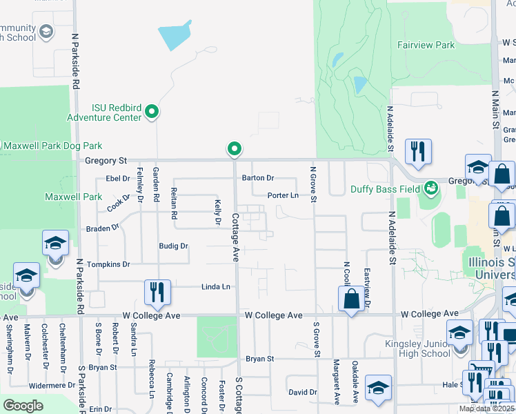 map of restaurants, bars, coffee shops, grocery stores, and more near 1504 Hancock Drive in Normal