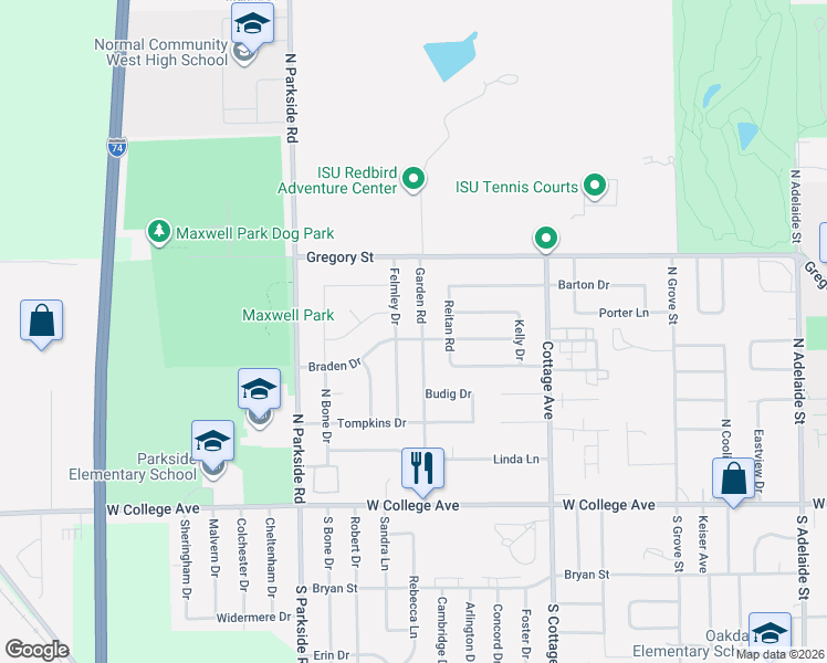 map of restaurants, bars, coffee shops, grocery stores, and more near 300 Garden Road in Normal