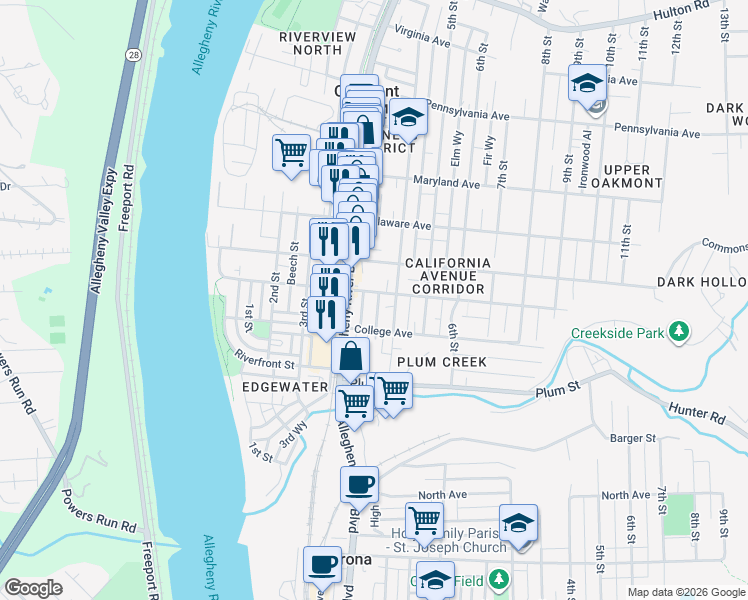map of restaurants, bars, coffee shops, grocery stores, and more near 368 California Avenue in Oakmont