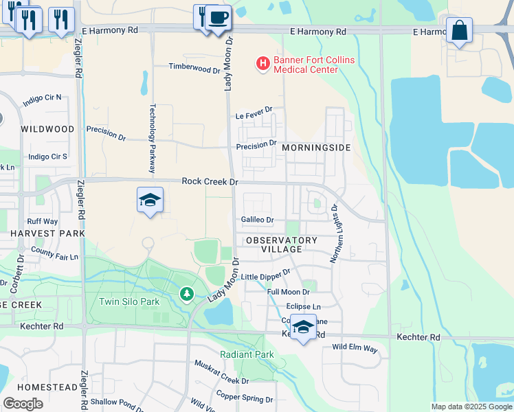 map of restaurants, bars, coffee shops, grocery stores, and more near 3649 Voyager Lane in Fort Collins