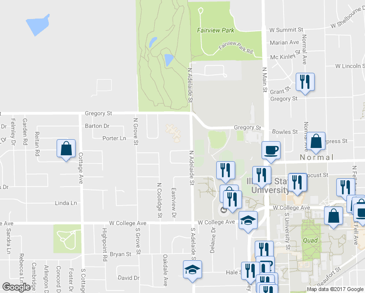 map of restaurants, bars, coffee shops, grocery stores, and more near 31 Knollcrest Court in Normal