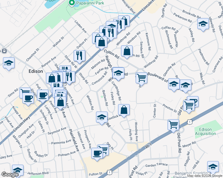 map of restaurants, bars, coffee shops, grocery stores, and more near 8 Finley Road in Edison