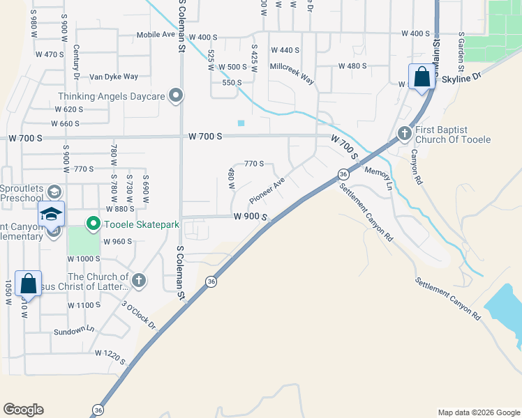 map of restaurants, bars, coffee shops, grocery stores, and more near 387 Boothill Circle in Tooele