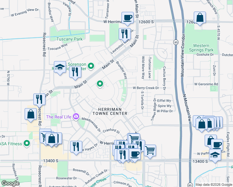 map of restaurants, bars, coffee shops, grocery stores, and more near 13062 Keegan Drive in Herriman