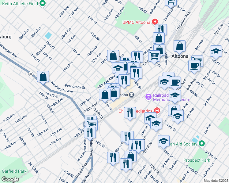 map of restaurants, bars, coffee shops, grocery stores, and more near 1331 12th Avenue in Altoona