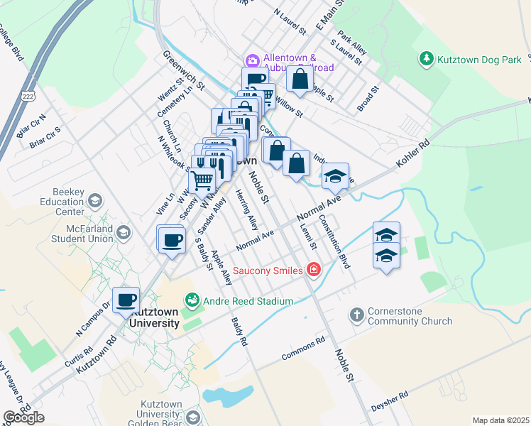 map of restaurants, bars, coffee shops, grocery stores, and more near 111 Noble Street in Kutztown