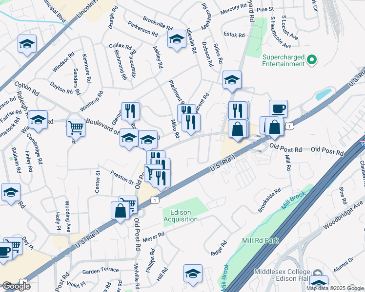 map of restaurants, bars, coffee shops, grocery stores, and more near 463 Old Post Road in Edison