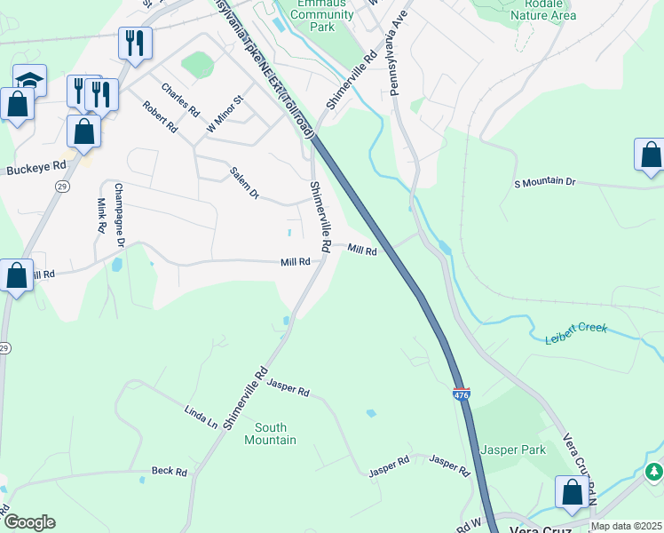 map of restaurants, bars, coffee shops, grocery stores, and more near 4244 Shimerville Road in Emmaus