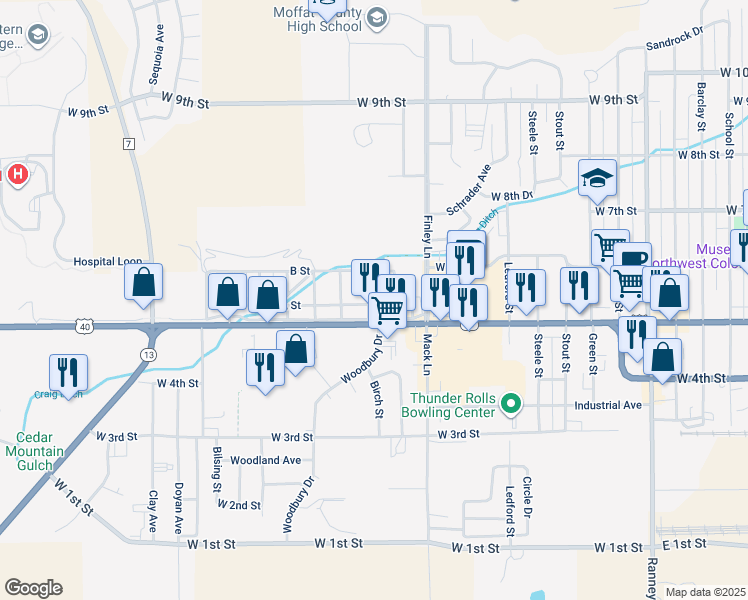 map of restaurants, bars, coffee shops, grocery stores, and more near 1581 A Street in Craig