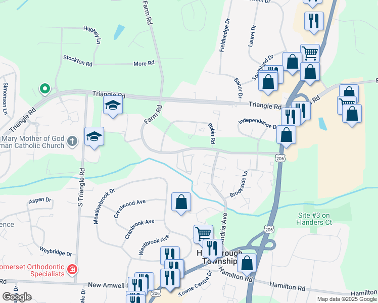 map of restaurants, bars, coffee shops, grocery stores, and more near 294 Farm Road in Hillsborough Township