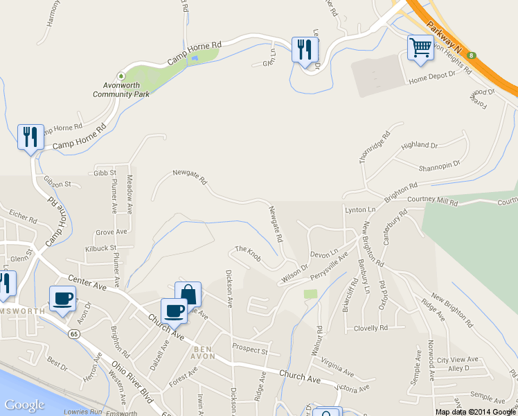map of restaurants, bars, coffee shops, grocery stores, and more near 46 Newgate Rd in Pittsburgh