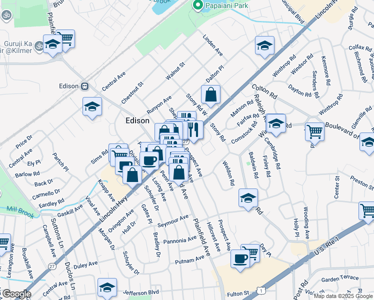 map of restaurants, bars, coffee shops, grocery stores, and more near 125 Prospect Avenue in Edison