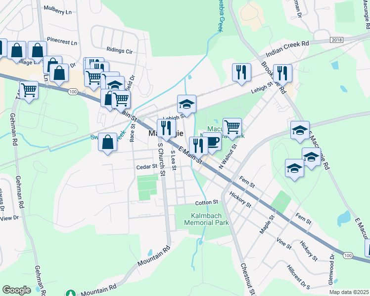 map of restaurants, bars, coffee shops, grocery stores, and more near 129 East Main Street in Macungie