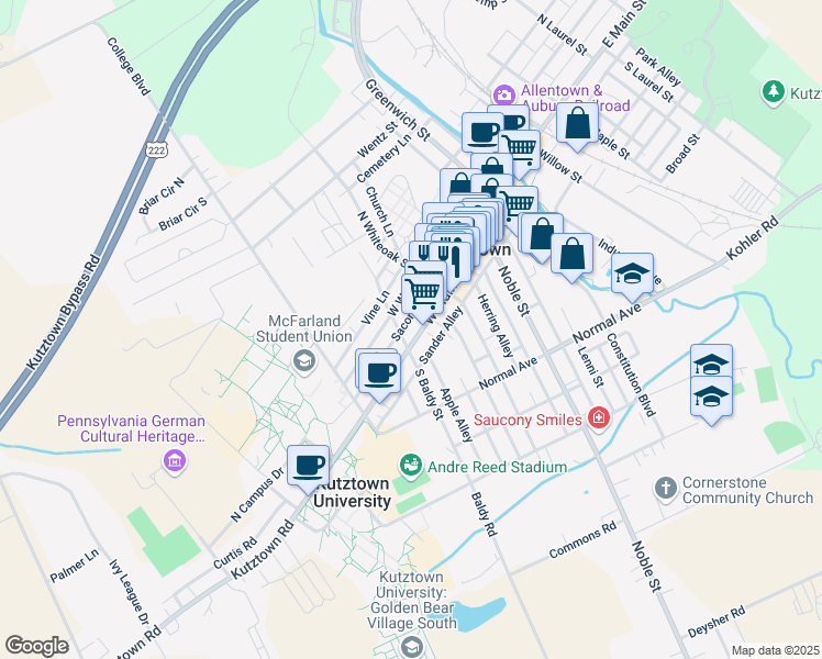 map of restaurants, bars, coffee shops, grocery stores, and more near 349 West Main Street in Kutztown