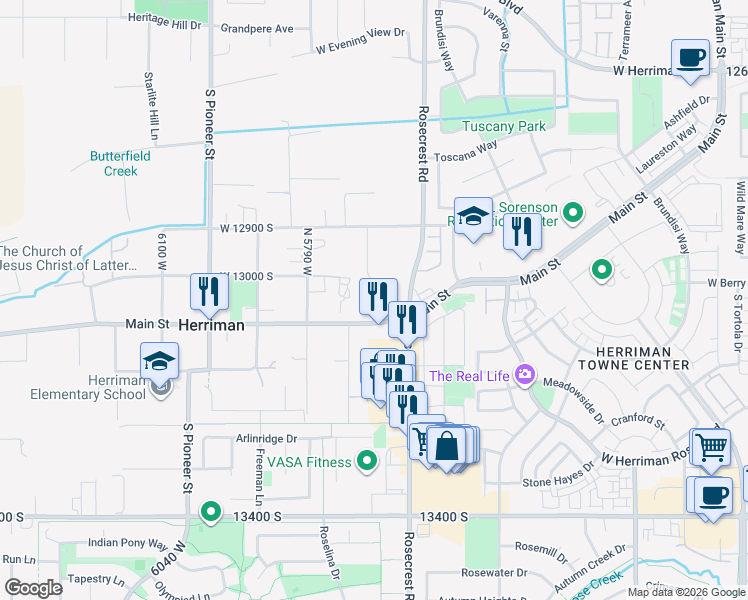 map of restaurants, bars, coffee shops, grocery stores, and more near 13057 South Jj Farms Lane in Herriman