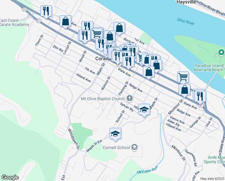 map of restaurants, bars, coffee shops, grocery stores, and more near 1033 Hiland Avenue in Coraopolis