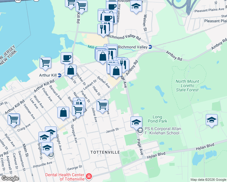 map of restaurants, bars, coffee shops, grocery stores, and more near 7084 Amboy Road in Staten Island
