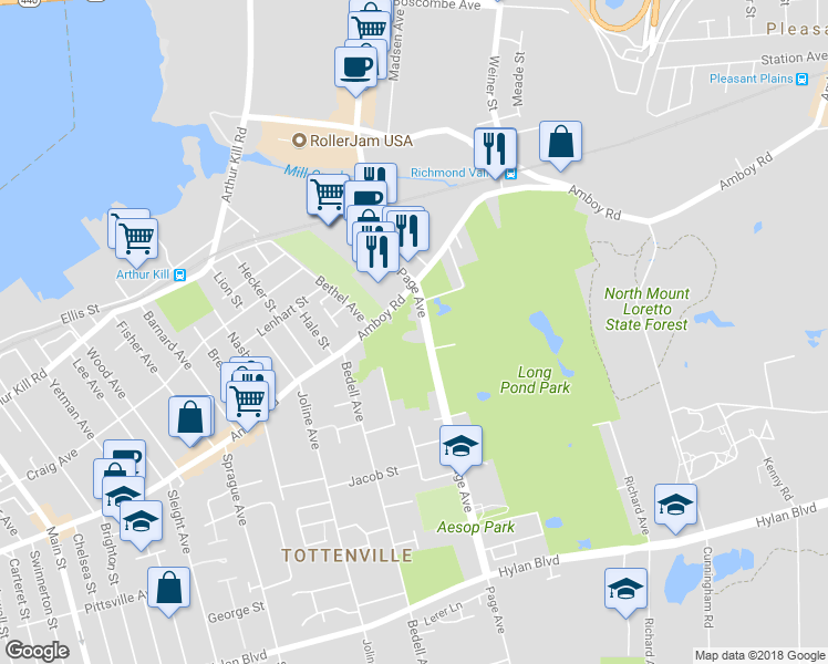 map of restaurants, bars, coffee shops, grocery stores, and more near 382 Page Avenue in Staten Island