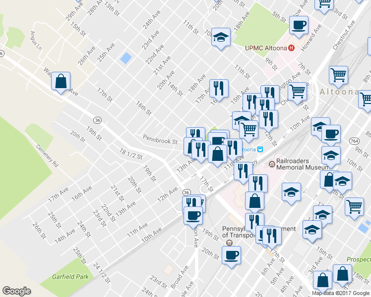 map of restaurants, bars, coffee shops, grocery stores, and more near 1321 16th Street in Altoona