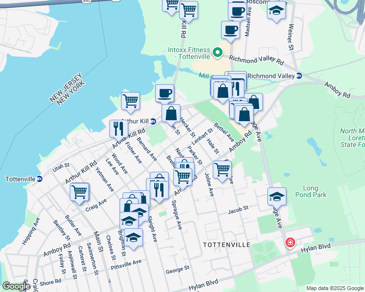map of restaurants, bars, coffee shops, grocery stores, and more near 101 Lenhart Street in Staten Island