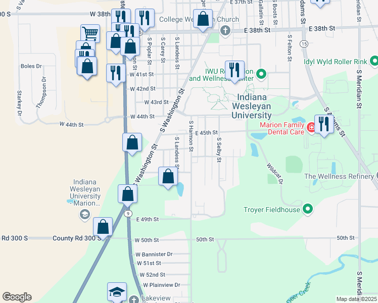 map of restaurants, bars, coffee shops, grocery stores, and more near 4604 South Harmon Street in Marion