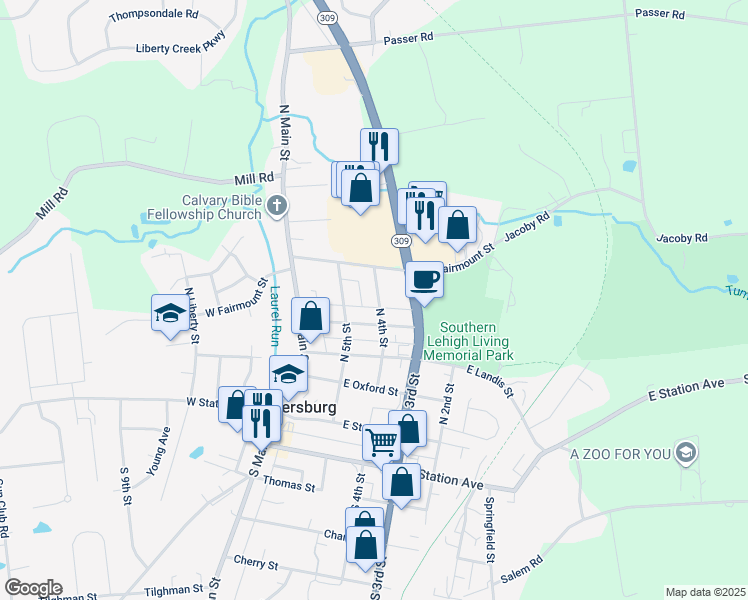 map of restaurants, bars, coffee shops, grocery stores, and more near 328 North 4th Street in Coopersburg