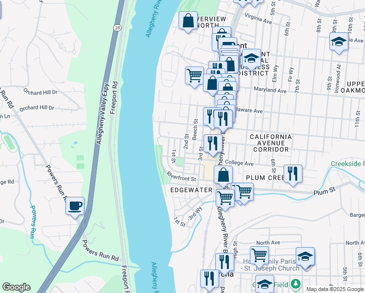 map of restaurants, bars, coffee shops, grocery stores, and more near 251 2nd Street in Oakmont