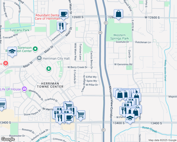 map of restaurants, bars, coffee shops, grocery stores, and more near 4906 West Tower Heights Drive in Riverton