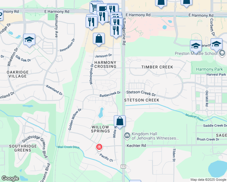 map of restaurants, bars, coffee shops, grocery stores, and more near 3 Battlecreek Drive in Fort Collins