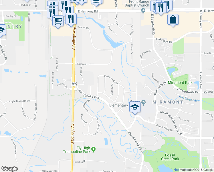 map of restaurants, bars, coffee shops, grocery stores, and more near 5116 Greenway Drive in Fort Collins